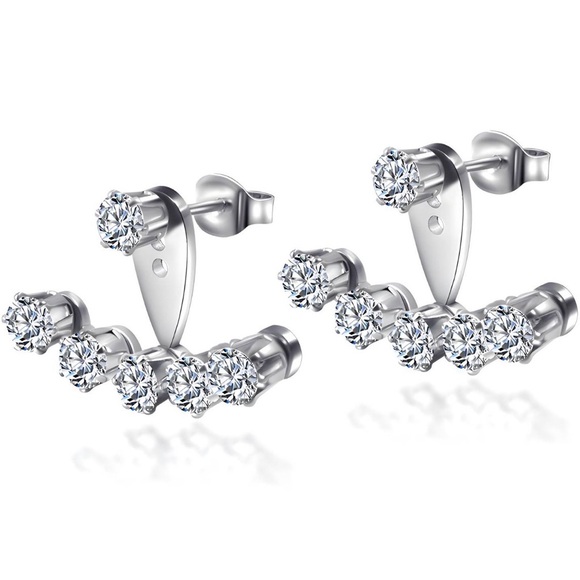 Jewelry - 18k Gold Plated Stainless Steel Cubic Zirconia Ear Jacket Earrings - Silver Tone